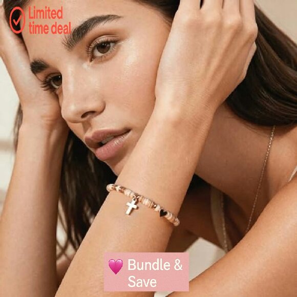 14k Gold Plated Shell Bead Bracelet with Cross Heart Charms Adjustable - Picture 4 of 7